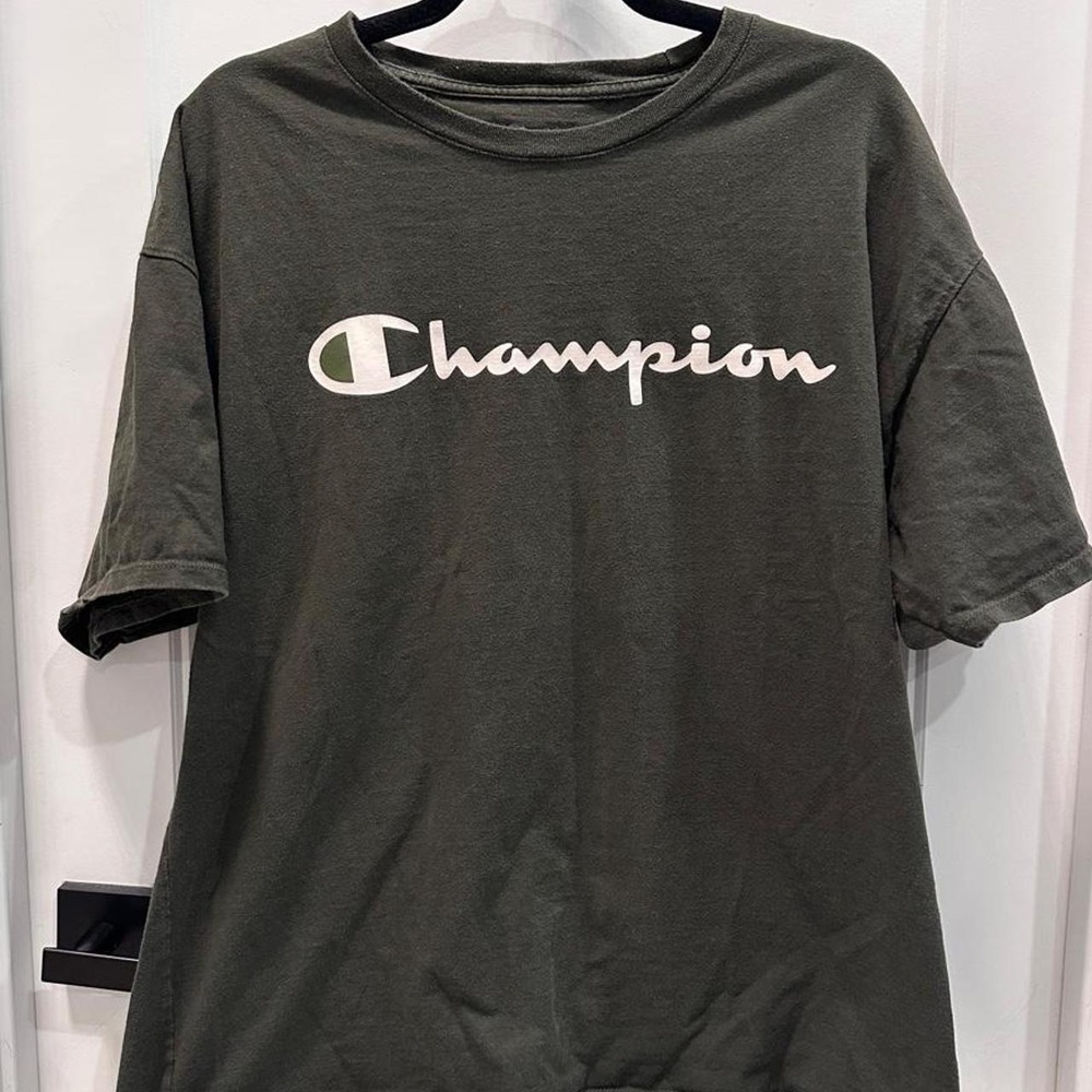 Champion Mens Oversized T-Shirt Khaki Green Script Logo Short Sleeve XL